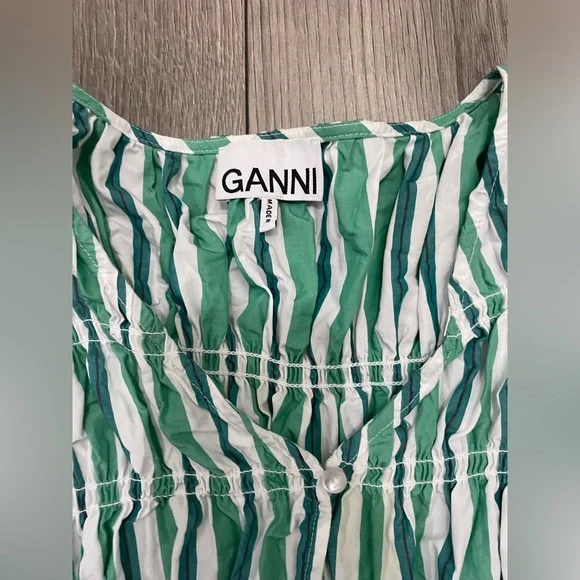 GANNI Creme de Menthe Stripe Cotton‎ V-Neck Fitted Blouse Sz UK 40/L - Picture 5 of 9